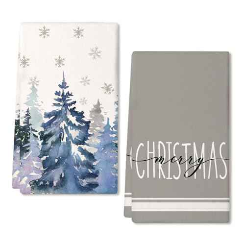 ARKENY Christmas Kitchen Towels Set of 2,Blue Xmas Tree Snowflake Dish Towels 18x26 Inch Drying Dishcloth,Farmhouse Home Decoration AD136