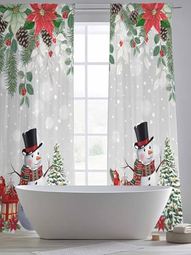 Christmas Snowman Grey 2-Piece Voile Curtains 104 x 96 in - Rod Pocket Semi-Sheer