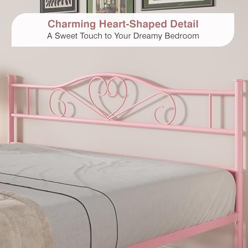 Pink Queen Size Metal Bed Frame with Headboard & Footboard - Heavy Duty, No Box Spring Needed, 14 Inch