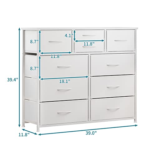 10 Drawer Dresser for Bedroom Storage - White, Multi-Size Fabric Drawers with Wooden Top - Variation of THIS listing