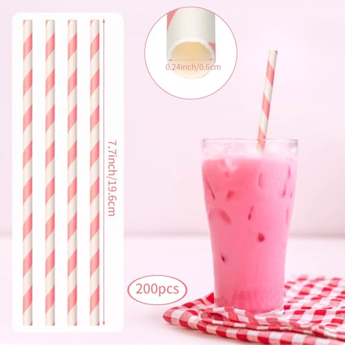 Atiloy 200 Pack Pink & White Biodegradable Paper Straws (Striped) – Disposable Party Drink Straws, Valentine’s/Dessert
