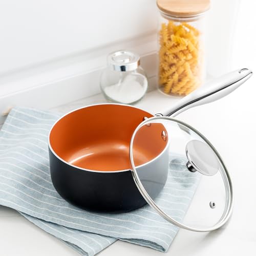 4 Quart Nonstick Saucepan with Lid - Ceramic Coating, Induction Compatible