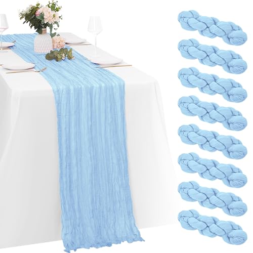 Yorcari 8 Pack Baby Blue Cheesecloth Table Runners 20x120 Inch Rustic Elegant Wedding & Party Decor