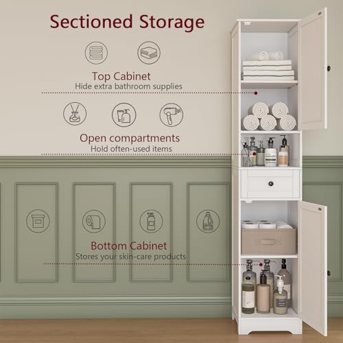 Tall Bathroom Cabinet with 5 Shelves & Drawer - White, Adjustable Storage