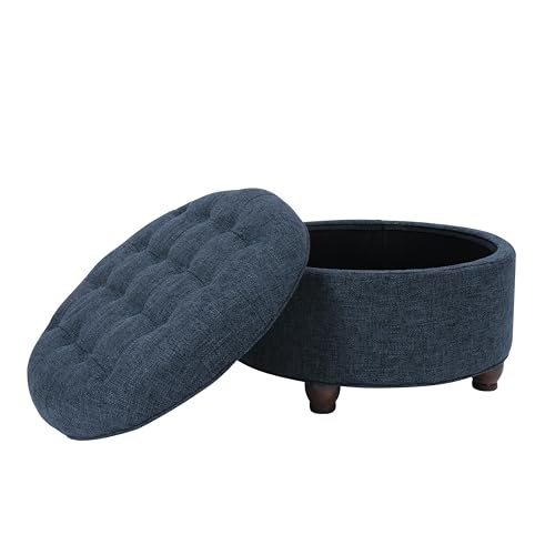 Navy Woven Large Button Tufted Round Storage Ottoman - 25 Inch