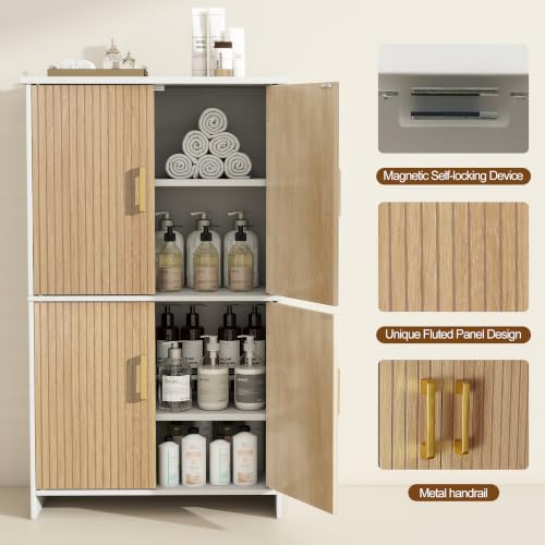 Tltaroni White Bathroom Storage Cabinet - Tall Freestanding with 4 Fluted Doors & Adjustable Shelves, Modern Wooden Design