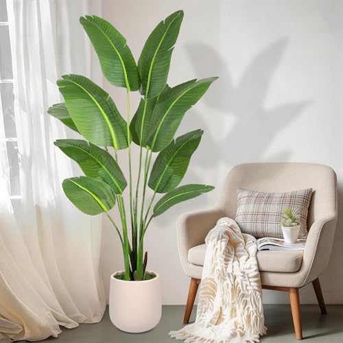 Aoxiwhcse 5ft Bird of Paradise Artificial Plant with White Planter - Faux Indoor Tree
