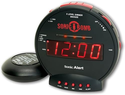 Sonic Bomb Dual Extra Loud Alarm Clock with Bed Shaker, Black & Red – Heavy Sleepers Wake Up Easily