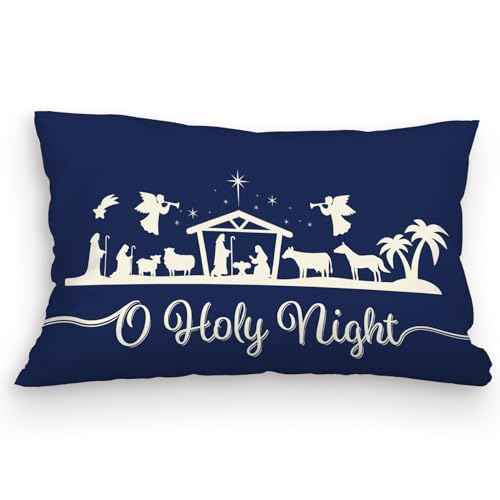 kdqua Blue Christmas Pillow Covers 12x20, Merry Christmas Jesus O Holy Night Cross Joy Star of Bethlehem Xmas Decorations Throw Pillow Covers, Seasonal Winter Cushion Case for Bedroom