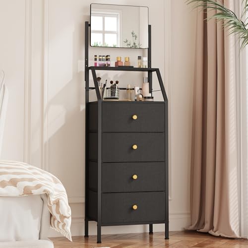 Vanity Dresser with Adjustable Mirror & 4 Fabric Drawers - Black, 15.3 W x 11 D x 58 H