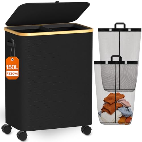 Black 150L Double Laundry Basket with Wheels & Lid - Household Sorter