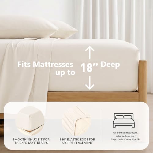 QUTOOL Bamboo Viscose King Bed Sheets Set Ivory 4PC Cooling Luxury Bedding