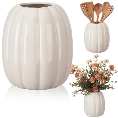 Minimalist White Ceramic Pumpkin Vase - 6.7 Inch Fall Decor, Utensil Holder
