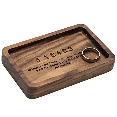 MUUJEE 5 Year Ring Dish - Engraved Rectangle Wood Tray Small Jewelry