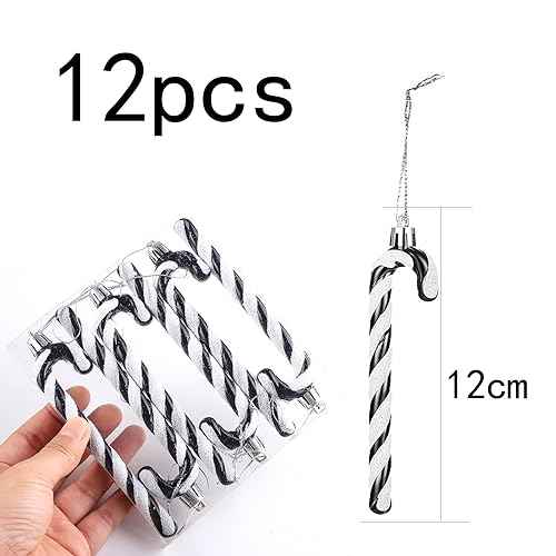 12Pcs Glitter Candy Cane Christmas Tree Decorations Christmas Plastic Candy Cane Christmas Tree Hanging Ornament for Holiday Party Decoration Favor (Black and White)