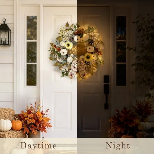 24-Inch Fall Wreath for Front Door with Lights and Timer - Farmhouse Decor