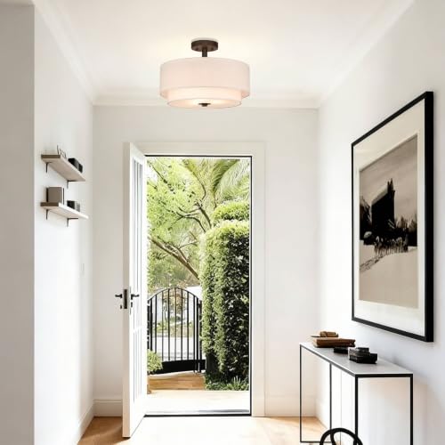 XiNBEi Lighting 16-Inch Dark Bronze Linen Drum Semi Flush Ceiling Light for Dining & Living Rooms