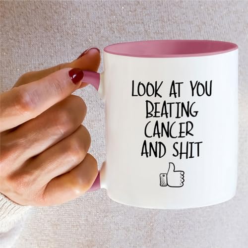 Retreez Funny Cancer Beating 11oz Ceramic Mug - White with Pink Handle & Inner