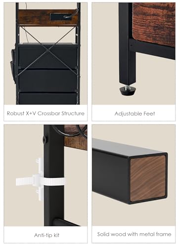 Baoz 57-Inch Brown Nightstand with Charging Station & 5 Drawers - Dorm Bedside Organizer, Adjustable Storage