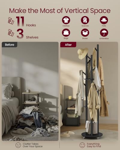 VASAGLE Freestanding Coat Rack Stand with Wheels, 11 Hooks, 3 Shelves - Ink Black