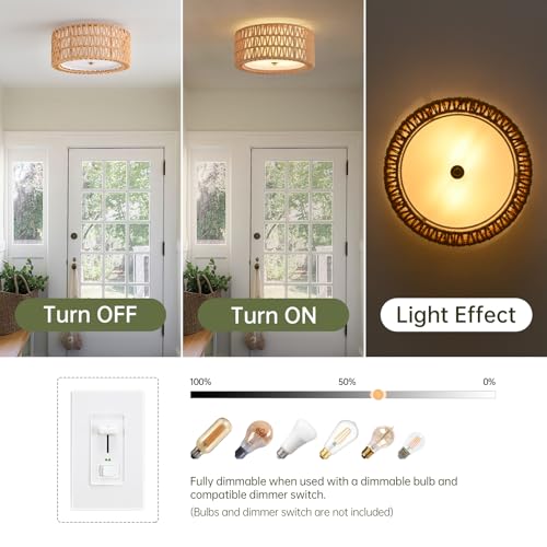 Brown Rattan Ceiling Light Fixture - 12.6 Inch Boho Bohemian Style, Dual-Layer Design