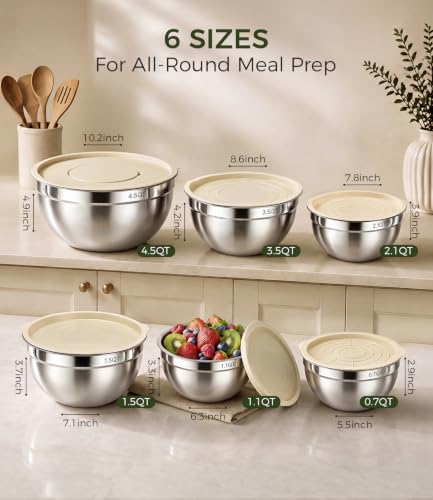 RFAPPMV Beige 6-Piece Stainless Steel Mixing Bowls Set with Lids & Graters