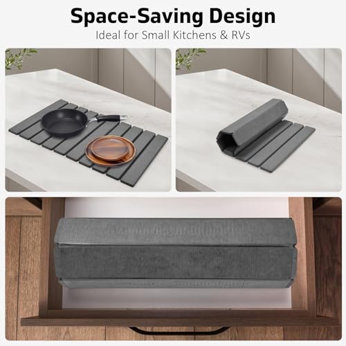 Diatomaceous Earth Dish Drying Mat - Foldable 24x16 Inches Gray, Super Absorbent Kitchen Counter Mat
