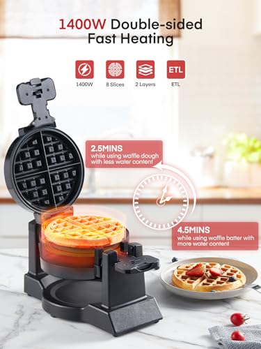 FOHERE Black Double Belgian Waffle Maker 180° Flip, 8 Slices, 1400W