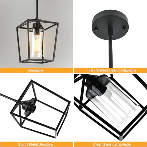 Black Farmhouse Pendant Lights 2 Pack for Kitchen Island with Glass Shades