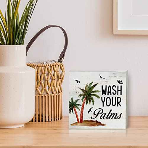 Wash Your Palms Wood Box Sign Home Decor Rustic Bathroom Quote Wooden Box Sign Block Plaque for Wall Tabletop Desk Home Bathroom Decoration 5" x 5"