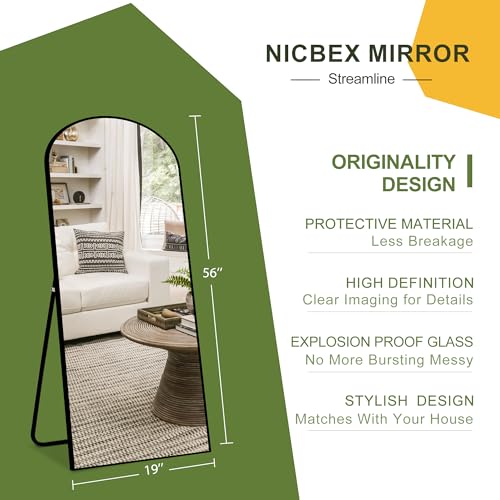 Full Length Arched Floor Mirror with Stand - 56x19 inch Black Aluminum Frame, Freestanding or Wall-Mounted
