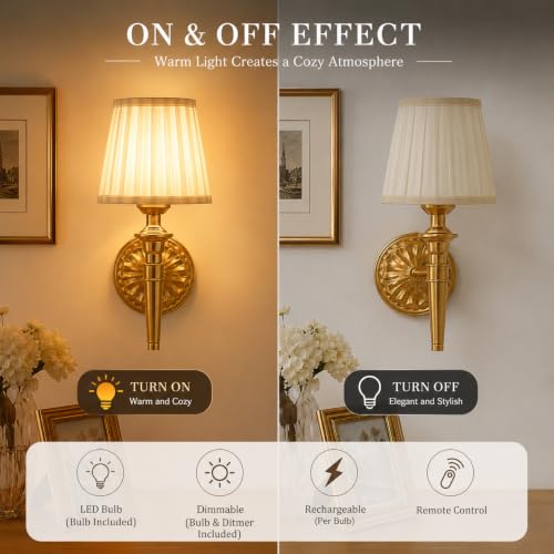 Ayzplbh Gold Rechargeable Wall Sconces Set of 2 with Dimmable LED Vintage Fabric Shades