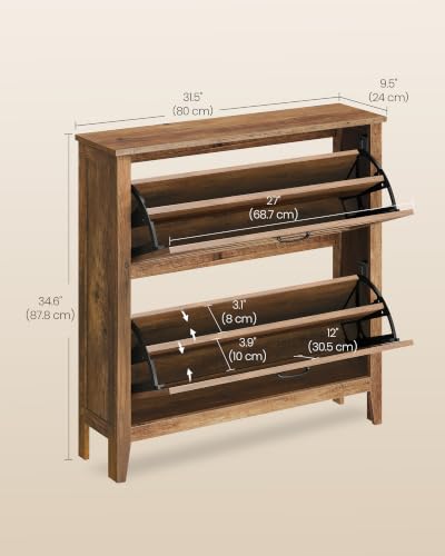 VASAGLE Farmhouse Shoe Cabinet with 2 Flip Drawers, Narrow Storage, Honey Brown, 9.4"D x 34.3"W x 34.6"H
