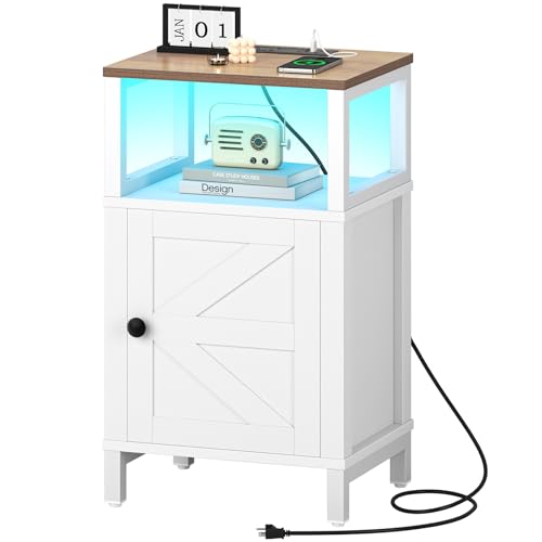Yoobure Farmhouse Nightstand with Charging Station - White, Barn Door Style