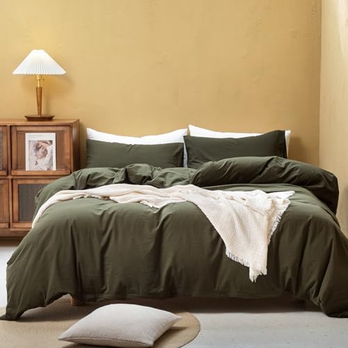 King Size Washed Cotton Linen Feel Duvet Cover Set - Olive Green, 104x90 Inches
