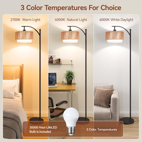 SUNMORY Arc Floor Lamp with Rattan Shade & 12W LED Bulb - Black / Rattan