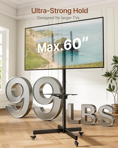 Rolling TV Stand for 23-60 Inch TVs, Heavy Duty Steel, Adjustable Height & Tilt - Black (Variation: 23–60 Inch Screens)