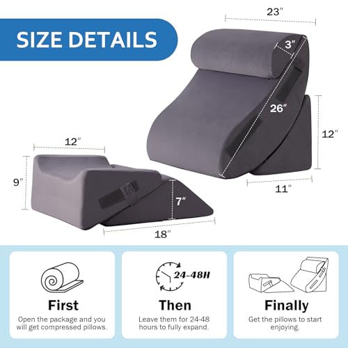 Ahpmeoa 5-Piece Memory Foam Wedge Pillow Set for Post-Surgery, Grey Plush