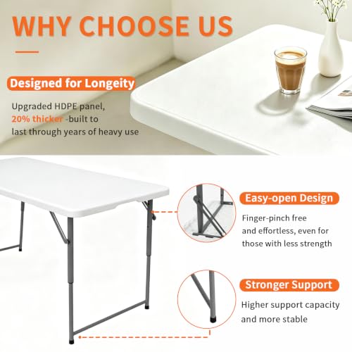 White 4ft Heavy Duty Folding Table - Adjustable Height Portable Plastic Indoor Outdoor