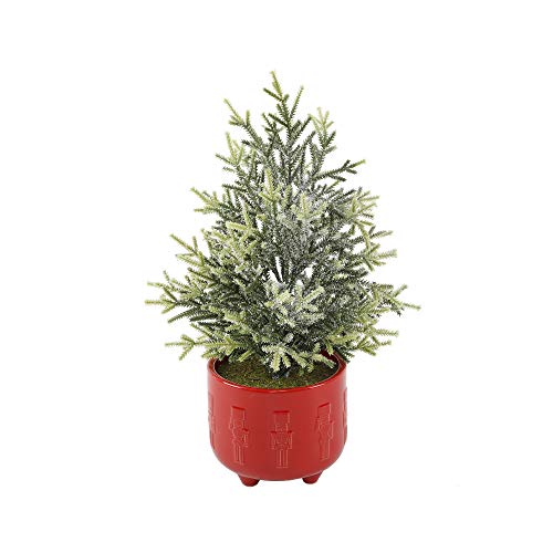 Flora Bunda 18.5 Inch Frosted Christmas Tree with Red Cracker Ceramic Foot, Holiday Decor