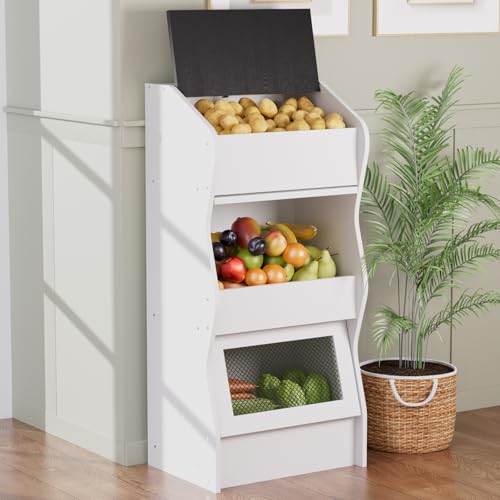White Potato and Onion Storage Bin with 3-Tier Rustic Kitchen Organizer