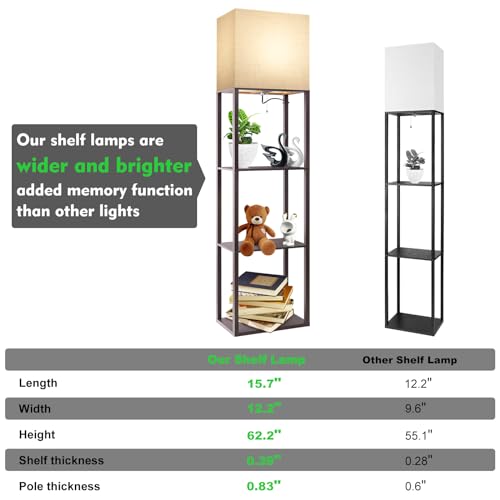 RUNTOP Plus Walnut Floor Lamp with Shelves, 15W LED, 3 Color Temp, Memory Function