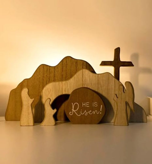 【He is Risen】Empty Tomb Scene Spring Easter Decorations, Jesus Nativity Resurrection Figurines Set With Wooden Cross For Home, Office, Table, Shelf, Mantle Decor – Christian Catholic Religious Gifts