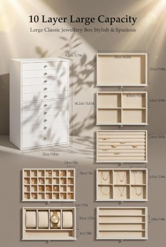 GUKA White 10-Layer Large Jewelry Storage Box, Organizer for Rings Earrings Watches