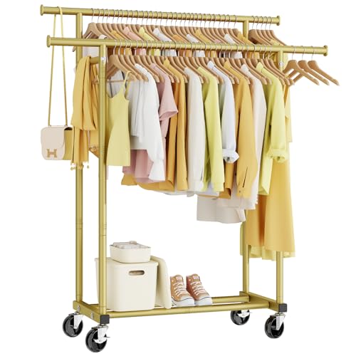 Double Rod Clothes Rack with Wheels, Sturdy Portable Garment Rack for Bedroom Laundry
