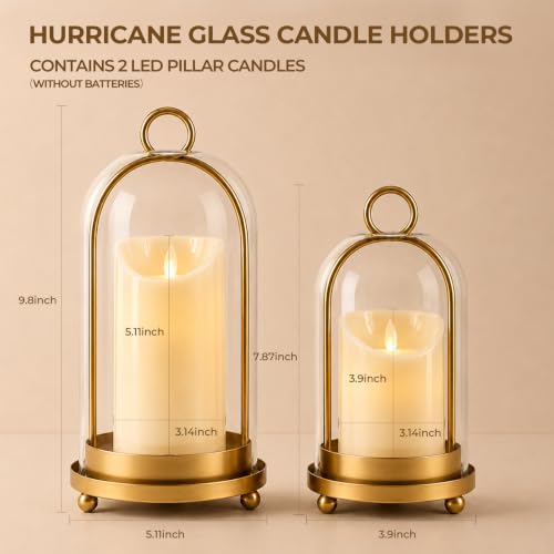 Gold Hurricane Candle Holders Set - Vintage Lanterns with LED Candles, 4” & 5”