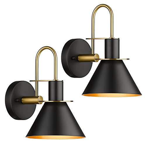 Black and Gold Industrial Wall Sconce Set of 2 - Modern Bathroom Vanity & Bedroom Lighting, Medium