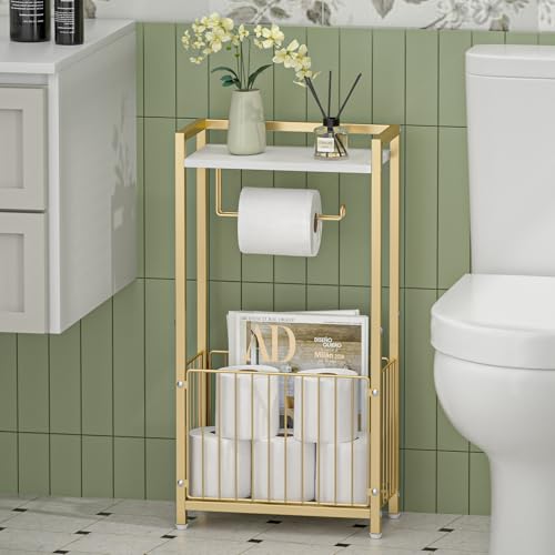 Freestanding Toilet Paper Holder with Storage Shelf - Gold Bathroom Organizer