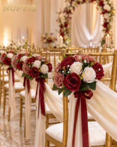 Artificial Flower Centerpieces - Fake Rose Balls with Patented Bases, 10 Pcs, Burgundy & White