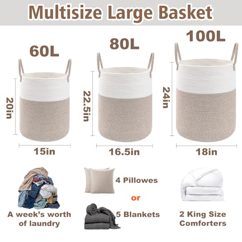 Brown Cotton Rope Laundry Basket Hamper 80L - Collapsible & Tip-Resistant